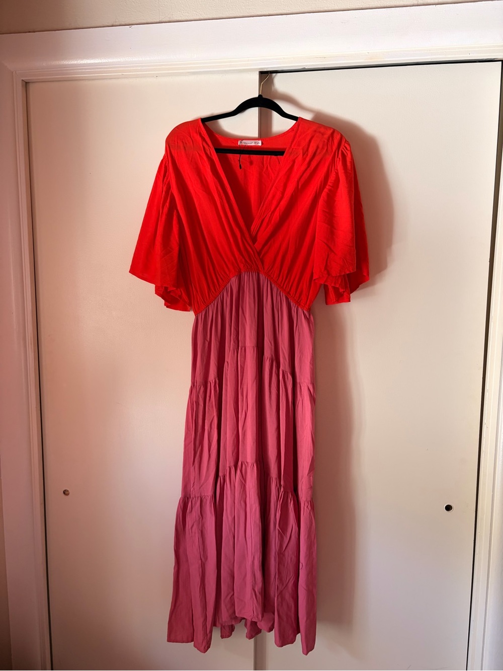 Two-Tone Red and Pink V-Neck Maxi Dress with Flutter Sleeves